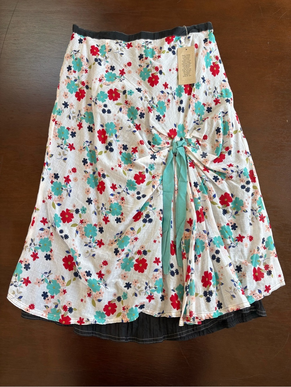 Floral Tie-Front A-Line Midi Skirt - White with Red & Aqua Floral Print